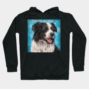 Painting of a Smiling Black and White Border Collie Dog on a Blue Background Hoodie